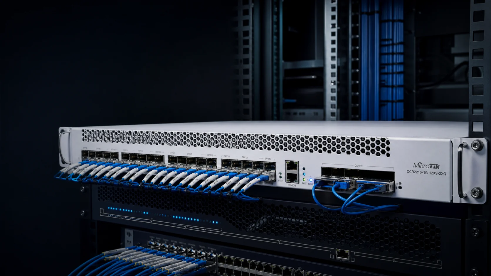 Representación editorial de un router MikroTik CCR de alto rendimiento en un núcleo de red organizado